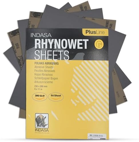 Indasa 50 PCS 9x11” Wet & Dry Sandpaper Sheets, 280 GRIT, Rhynowet Clog-Resistant Abrasive for Wood, Metal, Auto, Paint & Clear Coat Finishing, Sand Paper Aluminum Oxide, Plusline