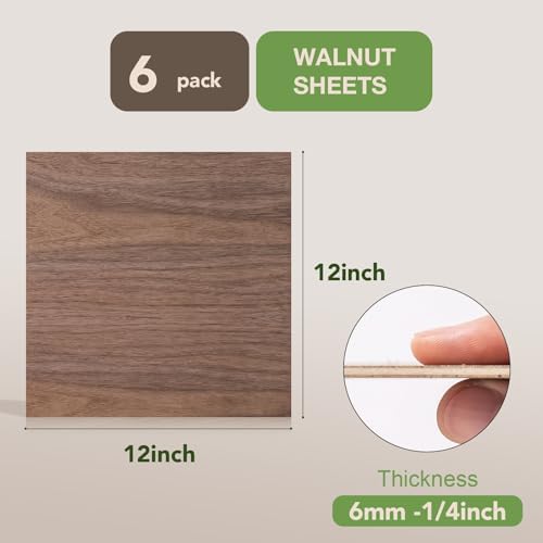 Rowood 6 Pack Walnut Plywood 1/4,12x12x1/4inch,Thin 6mm Unfinished Plywood for Laser Cutting & Engraving,DIY Adult Craft Project Kits for Ornaments, Models Drawing,Wood Burning