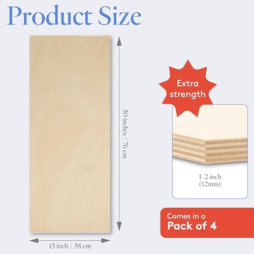 Baltic Birch Plywood 15 x 30 x 1/2 Inch - 12 mm Craft Wood, Pack of 4 B/BB Grade, Stronger Than Basswood Sheets or Balsa Wood, Perfect for Laser, CNC Cutting, Wood Shelves, by Woodpeckers