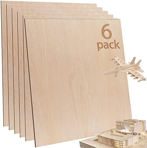 6 Pcs Baltic Birch Plywood,12 x 12 x 1/8 Inch - 3mm Thick Birch Unfinished Wood for Crafts Laser Cutting & Engraving, School DIY Projects, Painting, Fretwork, CNC Cutting, and Wood Burning