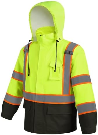 Hi Vis Safety Rain Jacket for Men Women Waterproof Breathable Rain Gears with Mesh Lining Black Bottom Lightweight Work Jacket (L/XL)