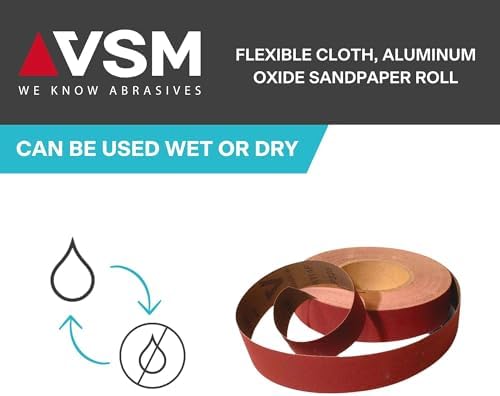 VSM 1" x 50yd (150'), 60 Grit (Medium) Aluminum Oxide Sanding Shop Roll, F-Weight Cotton Cloth Backed Sandpaper Roll for Hand Finishing, Woodworking, Metal Working, Polishing