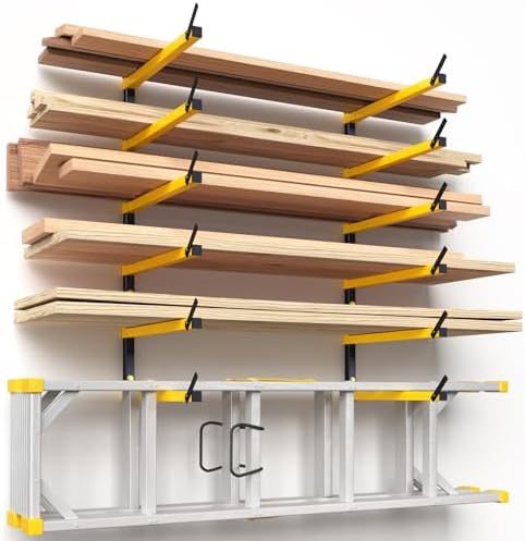 GREENER Lumber Storage Rack Folding Wood Storage Racks Wall-Mounted Metal Racks for Storage with 6-Level Heavy Duty Garage Wood Organizer for Woodworking Shop Indoor & Outdoor Use, 2 pairs,Yellow