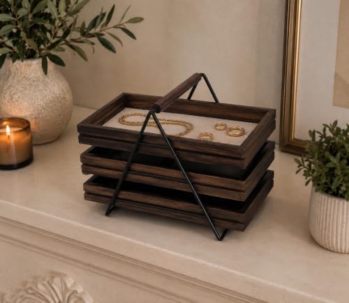 3 Tiered Wood Jewelry Organizer Tray- Walnut Finish Jewelry Storage Organizer for Rings, Watches, Bracelets, Earrings, Necklaces, and Accessories