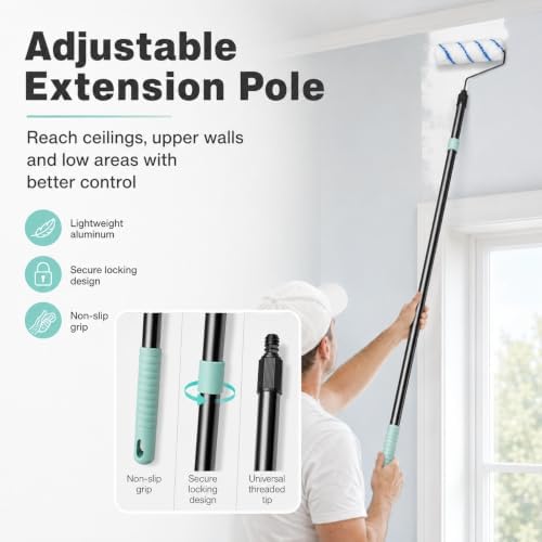 32PCS Paint Roller Kit with Adjustable Extension Pole, Microfiber Rollers, Paint Brushes, Tray Liners, Painter’s Tape and Drop Cloth for Walls, Ceilings, Furniture and Home Improvement Projects