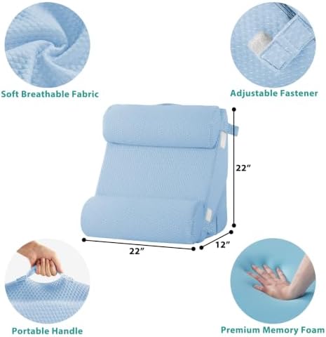Bedluxe Adjustable 4pcs Bed Wedge Pillow Set, Memory Foam Wedges Pillow Post Surgery for Back, Neck, Leg Pain Relief, Pillows Wedge for Sleeping, Sitting up in Bed, Acid Reflux and GERD, Light Blue