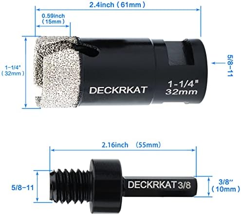 Diamond Core Drill Bit 1-1/4” 32mm Vacuum Brazed Hole Saw with Flutes for Granite Quartz Hard Porcelain Tile with 5/8-11 Female Thread & 3/8” Hex Shank Adapter Fit Angle Grinders & Drills