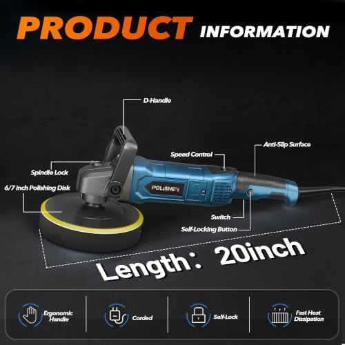 Buffer Polisher, 6 Inch/7 Inch 1600W Rotary Car Buffer Polisher Waxer, 7 Variable Speed 1000-3500 RPM, Detachable Handle for Car, Polishing, Waxing