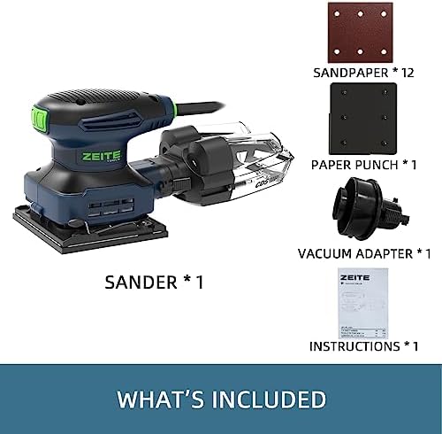 ZEITE 2.4 Amp 1/4 Sheet Sander with 12Pcs Sandpapers, Electric Palm Sander for Woodworking, 10 Ft Cord, 14000 OPM, Vacuum Attachment, Cyclonic Dust Box for Wood Polishing Sanding