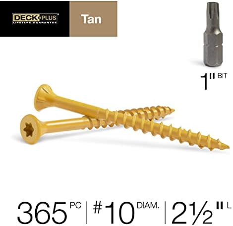 Deck Plus 2-1/2 Inch Epoxy Coated Exterior Wood and Fence Screws #10 x 2-1/2" Torx/Star Drive Included Coarse Thread, Outdoor Rust Resistant Decking Screw, Tan, 5 lb Box, 365 Pieces | 48416(Pack of 4)