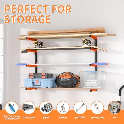 4 Pack Lumber Storage Rack, Wall Mount Foldable & Adjustable Lumber Rack with 8-Level Holds Up 1040 Lbs, Heavy Duty Metal Garage Wood Rack for Workshop, Basement, Indoor and Outdoor