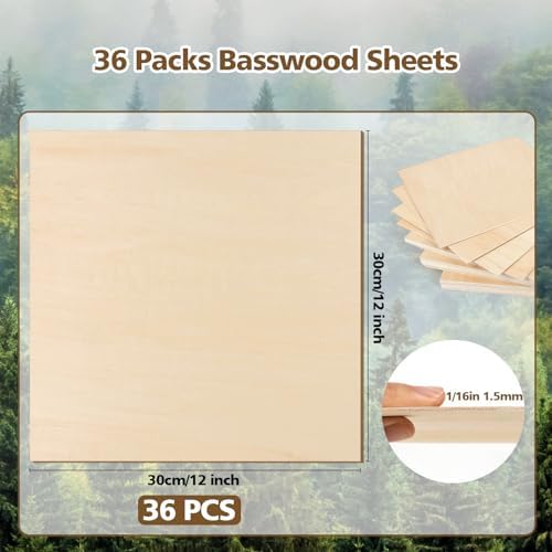 Adrattnay 36Pcs Basswood Sheets 1/16 x 12 x 12 inch - 1.5mm Basswood Sheets