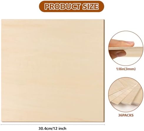 Adrattnay Basswood Sheets 3mm - 1/8 x 12 x 12inch, 36pcs Square Laser Basswood Plywood for Laser Cutting & Engraving DIY Crafts, Wood Burning, Painting, Architectural Model Building