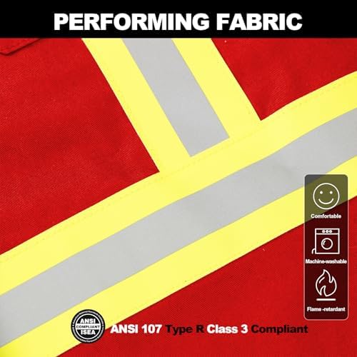 FR Shirts for Men 7oz High Visibility Fire Resistant Shirts CAT2 Welding Shirt 100% Cotton Hi Vis Flame Resistant Shirt Red(2X-Large)