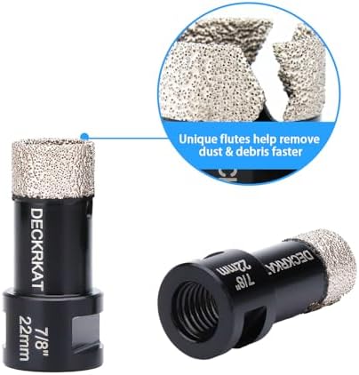 Diamond Core Drill Bit Vacuum Brazed 7/8" 22mm Diamond Hole Saw with Flutes for Granite Quartz Hard Porcelain Tile with 5/8-11 Female Thread & 3/8" Hex Shank Adapter Fit Angle Grinders & Drills