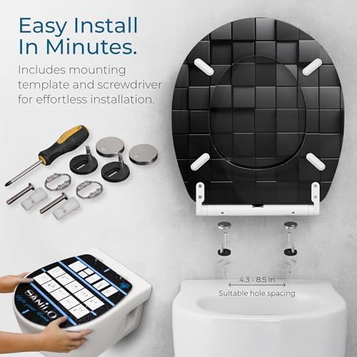 Sanilo Wooden Toilet Seat with Quick Release & Soft Close [ROUND] - Decorative & Slow Close Molded Wood Seat - With One Click for Easy Installation & Cleaning - With Adjustable Fit (Cube)