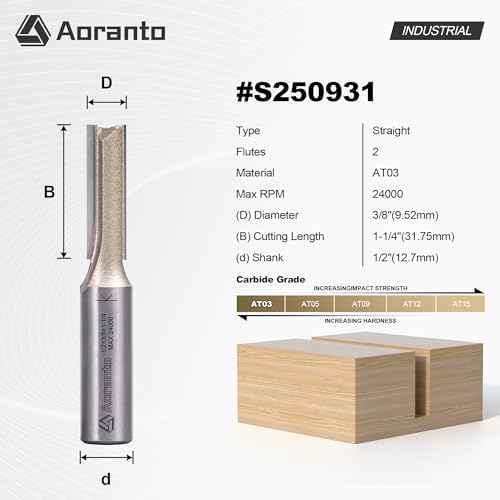 Straight Router Bits 1/2" Shank, 3/8" Cut Diameter, 1-1/4" Cut Length, Useful for Plunging Capabilities for Cutting Grooves, Dados, Mortising