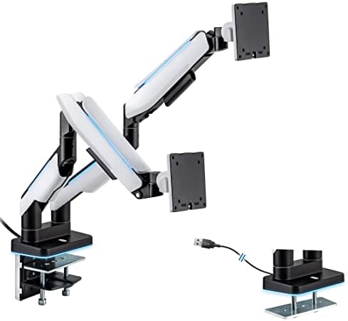 Mount-It! Heavy Duty Dual Monitor Arm up to 35 in. 44 lbs Screens, RGB Lights, 75x75 100x100 VESA Desk Mount for 2 Widescreen Curved Monitors 27 32 34 35 inches, Gas Spring, Clamp, Grommet, RGB Lights