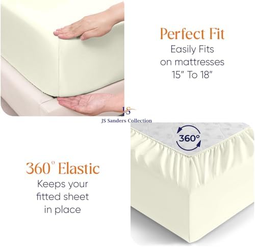 JS Sanders Collection 600TC Flex Top Queen Sheets for Sleep Number Bed - 100% Cotton 4 Pcs Top Split Queen Sheets for Adjustable Bed Queen 36 Inch Down Ivory -18 Inch Deep