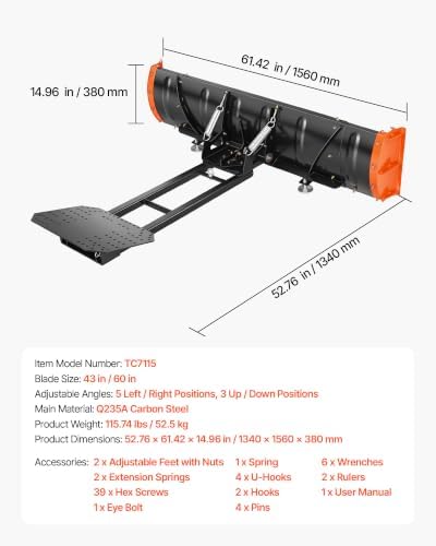 VEVOR Snow Plow Kit 43 in/60 in Width Adjustable Plow Attachment Side Wings