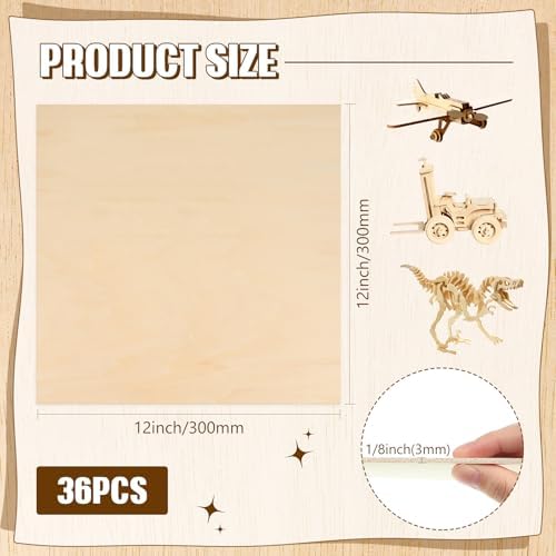 Riakrum Basswood Sheets Plywood Board Unfinished Wood Boards for Crafts for DIY Laser Projects Architectural Mini House Building Hobby Model Making(12 x 12 x 1/8 Inch,36)