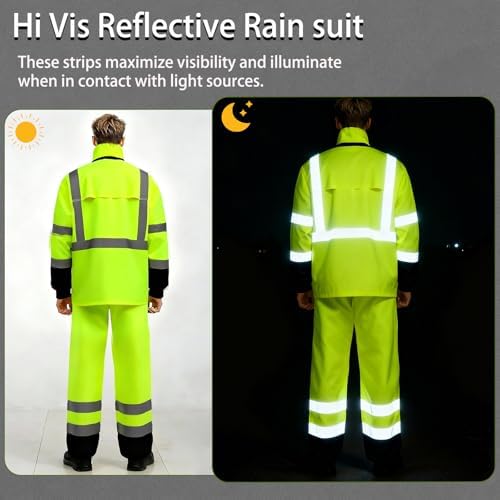 Hi Vis Class 3 Safety Rain Jacket for Men Waterproof, Reflective High Visibility Rain Gear Construction Rain Suit (Yellow-Black S/M)