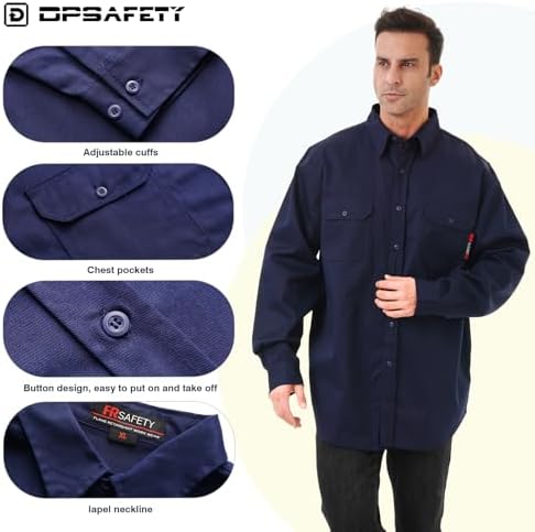 FR Shirt 7oz Fire Resistant Shirts Men's,CAT2 Welding Shirt 100% Cotton Flame Resistant Shirts Navy (2X-Large)