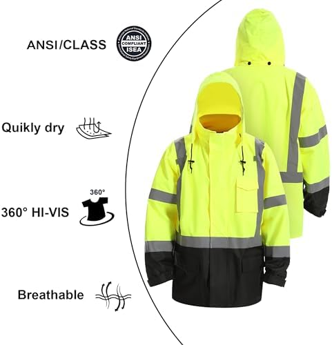 Reflective Rain jackets for men waterproof,Hi Vis Safety Coat With Reflective Strips，High Visibility Class 3 Rain jackets With 2 large pockets，Zipper,Black Bottom Lime,LG/XL