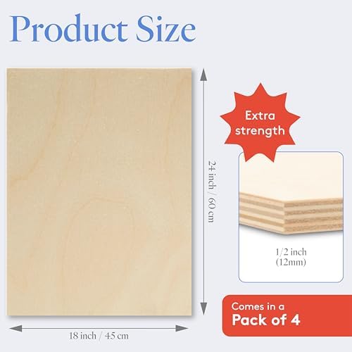 Baltic Birch Plywood 18 x 24 x 1/2 Inch - 12 mm Craft Wood, Pack of 4 B/BB Grade, Stronger Than Basswood Sheets or Balsa Wood, Perfect for Laser, CNC Cutting, Wood Shelves, by Woodpeckers