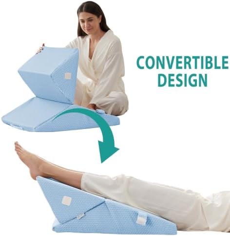 Bedluxe Wedge Pillow for Sleeping, Adjustable 9&12 Inch Foldable Bed Wedge Pillow Set, Orthopedic Memory Foam Triangle Pillows Wedge, 7-in-1 Elevated Pillows for Leg and Back Support, Light Blue