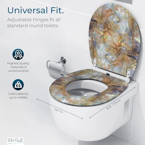 Sanilo Wooden Toilet Seat with Quick Release & Soft Close [ROUND] - Decorative & Slow Close Molded Wood Seat - With One Click for Easy Installation & Cleaning - With Adjustable Fit (Marble Brown)