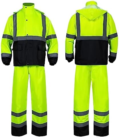 FONIRRA Class 3 High Visibility Rain Suit With Detachable Hood Waterproof Lime Reflective Safety Worker Jacket & Pants (4XL/5XL Yellow)