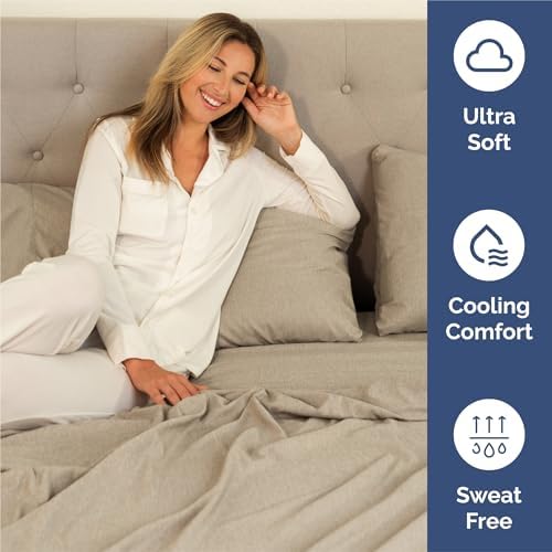 Split King Size 5 Piece Sheet Set - Breathable & Cooling - Heathered Beige