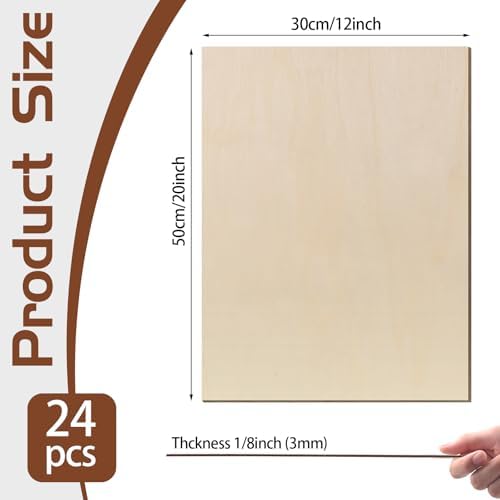 24 Pcs Baltic Birch Plywood,12 x 20x 1/8 Inch - 3mm Thick Birch Unfinished Wood for Crafts Laser Cutting & Engraving, School DIY Projects, Painting, Fretwork, CNC Cutting, and Wood Burning