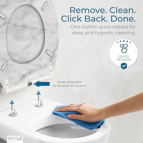 Sanilo Wooden Toilet Seat with Quick Release & Soft Close [ROUND] - Decorative & Slow Close Molded Wood Seat - With One Click for Easy Installation & Cleaning - With Adjustable Fit (Marble)