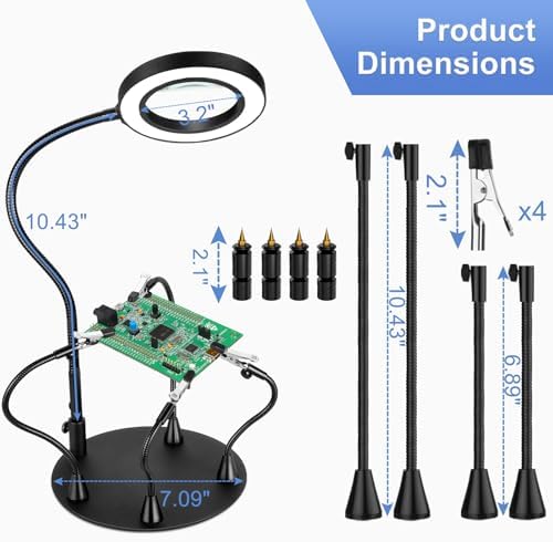 Magnetic Helping Hands Soldering Station with 4 Magnetic Pillars PCB Holder, Magnifying Glass with light, Magnifier with Extra Hand Tool for Electronic Repair Soldering Jewelry Crafts