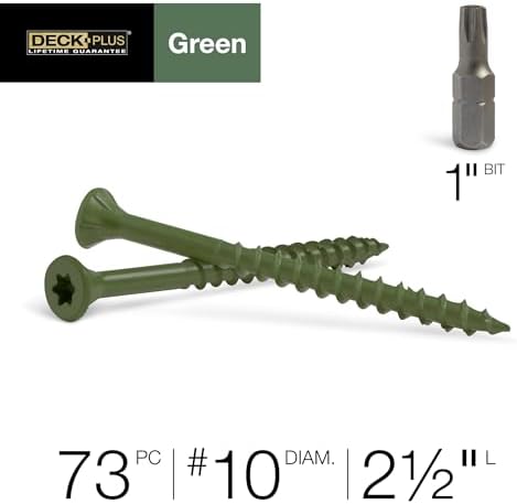 Deck Plus 2-1/2 Inch Epoxy Coated Exterior Wood and Fence Screws #10 x 2-1/2" Torx/Star Drive Included Coarse Thread, Outdoor Rust Resistant Decking Screw, Green, 1lb Box, 73 Pieces | 48401