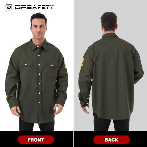 FR Shirts for Men 7oz Hi Vis Fire Resistant Shirts CAT2 Welding Shirt 100% Cotton Flame Resistant Shirt Dark Green(X-Large)