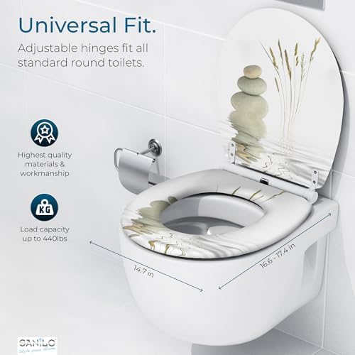 Sanilo Wooden Toilet Seat with Quick Release & Soft Close [ROUND] - Decorative & Slow Close Molded Wood Seat - With One Click for Easy Installation & Cleaning - With Adjustable Fit (Balance)