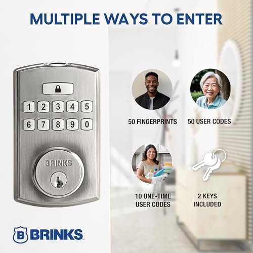 Brinks Fingerprint Door Lock, Keyless Entry Biometric Lock, Electronic Keypad Fingerprint Deadbolt with Auto-Locking, Front Door Lock and Interior Knob Set, Easy Installation, Satin Nickel