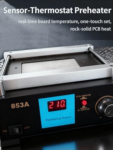 853A BGA Rework Station Preheating Oven Hot Plate, 110 V 450 W, Digital PCB Preheater Welder Soldering 50–400 °C, Anti-Static Work Surface, PID Constant-Temp Control with Hot Air Gun Holder
