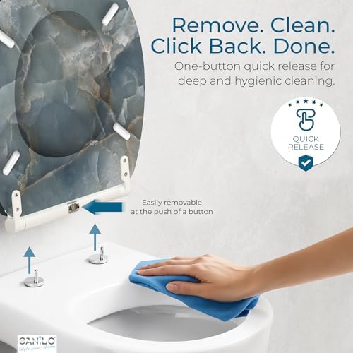 Sanilo Wooden Toilet Seat with Quick Release & Soft Close [ROUND] - Decorative & Slow Close Molded Wood Seat - With One Click for Easy Installation & Cleaning - With Adjustable Fit (Marble Italia)