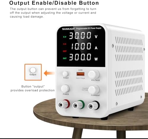 DC Power Supply Variable, Bench Power Supply with Encoder Adjustment Knob, Output Enable/Disable Button, Adjustable Power Supply with USB Quick-Charge, Short Circuit Alam (30V 10A White)