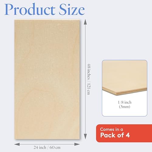 Baltic Birch Plywood 24 x 48 x 1/8 Inch - 3 mm Craft Wood, Pack of 4 B/BB Grade, Stronger Than Basswood Sheets or Balsa Wood, Perfect for Laser, CNC Cutting, Wood Burning, by Woodpeckers