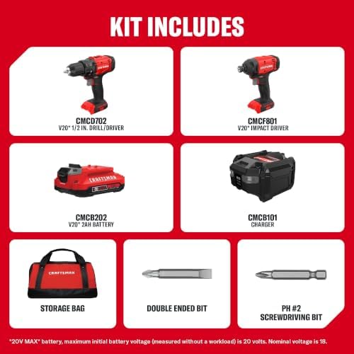 CRAFTSMAN V20 Cordless Drill Set and Impact Driver, Includes 2Ah Battery and Charger, Power Tool Set with 1700 RPM 1/2 In. Power Drill, 1800 Torque 1/4 In. Impact Screwdriver, LED (CMCK201D1)