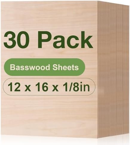 ROBOTIME 30-Pack Basswood Sheets 1/8" x 12" x 16" - Laser Engraving Blanks, 3mm Wood for Laser Cutting and Engraving