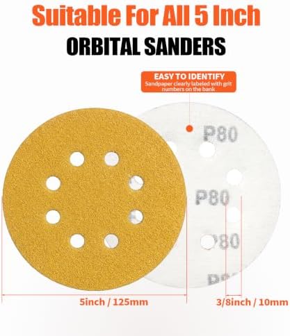 5-Inch 8-Hole Hook and Loop Sanding Discs 240-Grit, 200-Pack, Premium Random Orbital Sandpaper for Woodworking or Automotive