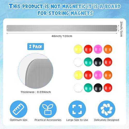 Mooliwe 2 Pcs 48 x 2 Frameless Magnetic Bulletin Board Strip for Wall Stainless Iron Metal Bulletin Bar Board Memo Strip with 16 Magnets 4 Nails 4 Wall Anchors for School Office Home