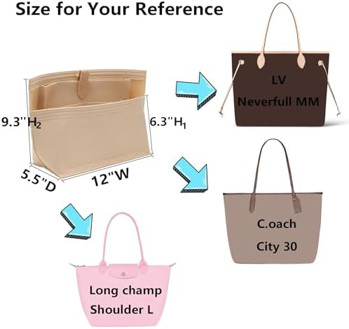 Doxo Purse Organizer Insert for Handbags, Felt Neverfull MM Organizer Insert with Laptop Compartment, Tote Bag Organizer with Zipper Pocket and Bottle Holder, Fit Neverfull MM and More, Beige-L