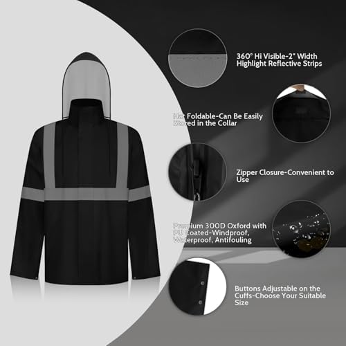 TCCFCCT High Vis Rain Jacket and Pants Rain Suits for Men Waterproof, Hi Vis Rain Coat for Men Women with Hood, High Visibility Rain Gear Reflective for Safety Work & Outdoor Activities, S-M Black WP